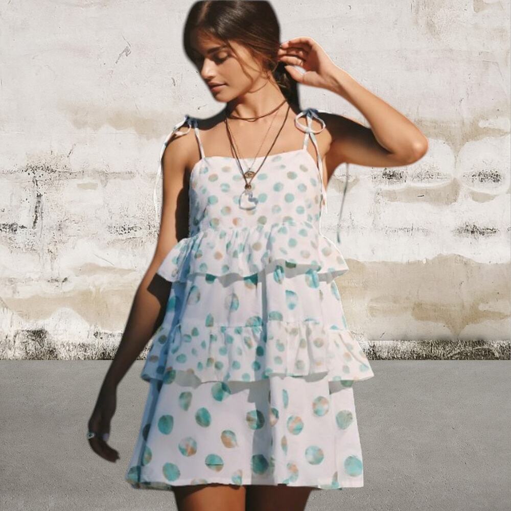 Anthropologie Celandine Tiered Mini Apron Dress in Ivory Dot Size Small NWT